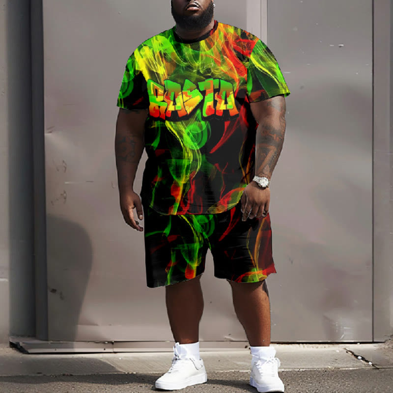 Men's Plus Size Rasta Reggae Style Colorful Graffiti T-shirt Two-piece Set