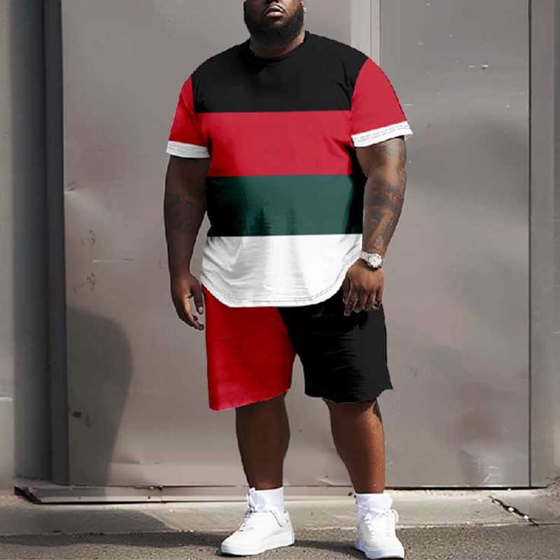 Men's Plus Size Contrast Irregular Rectangle Casual Short Sleeve T-shirt Two-piece Set