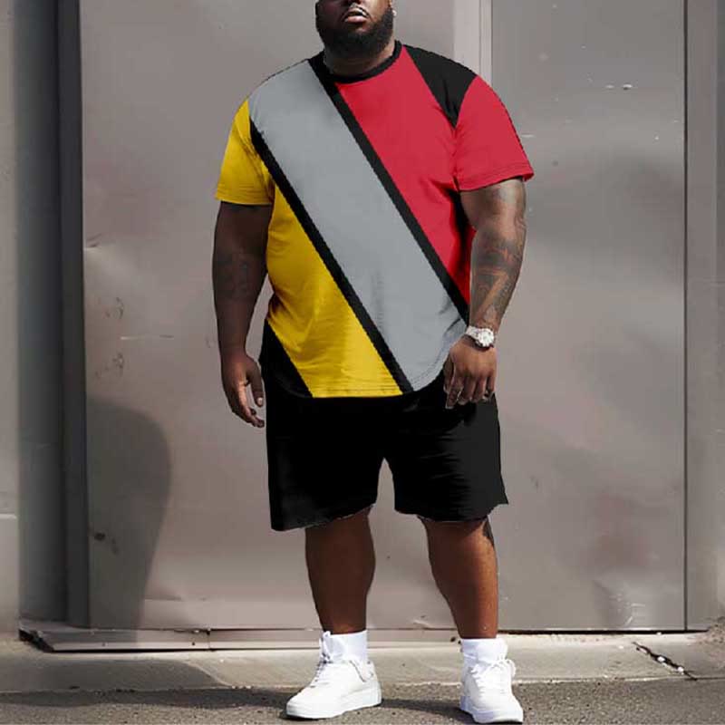 Men's Plus Size Creative Contrast Rectangle Casual Short Sleeve T-shirt Two-piece Set