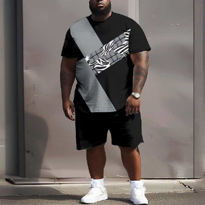 Men's Plus Size Summer Fashion Splicing Rectangle T-shirt Two-piece Set