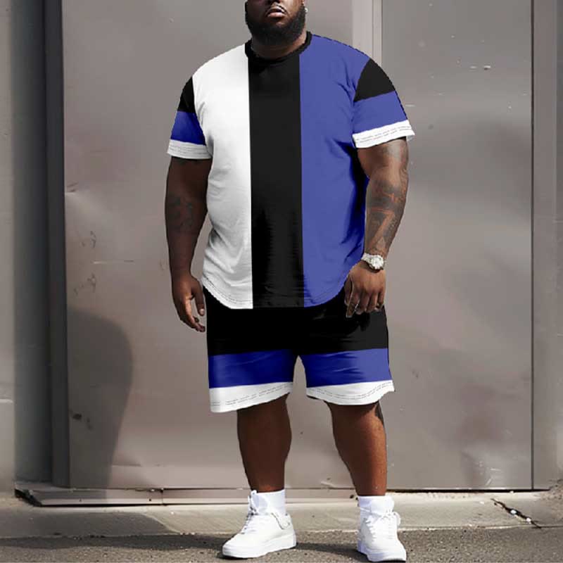 Men's Plus Size Black And White Blue Tricolor Casual T-shirt Two-piece Set
