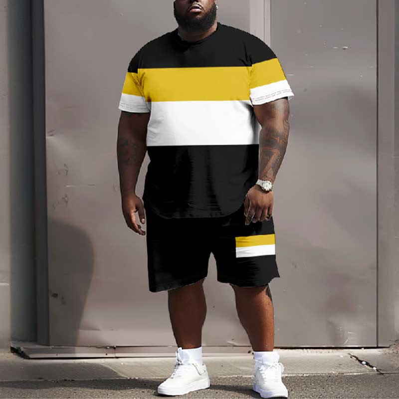 Men's Plus Size Fashion Contrast Solid Color T-shirt Two-piece Set
