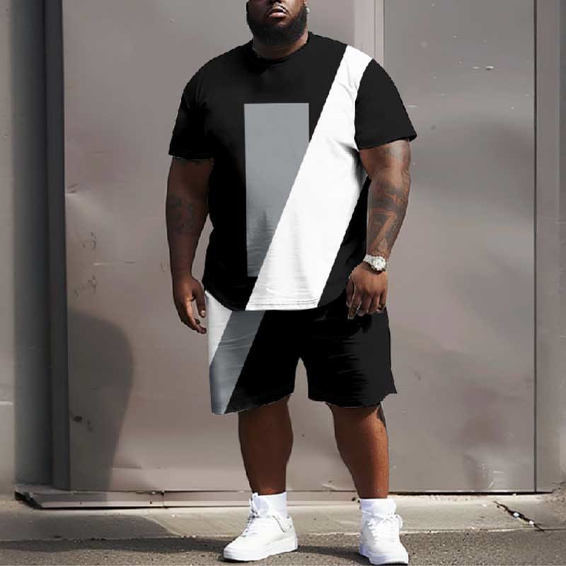Men's Plus Size Summer Simple Splicing Block  T-shirt Two-piece Set