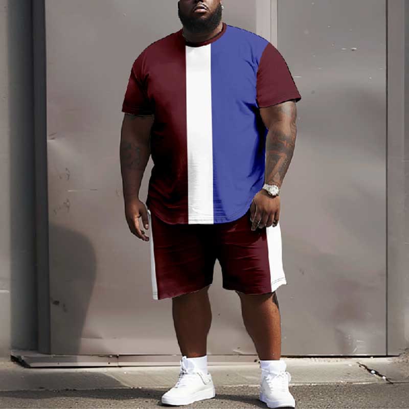 Men's Plus Size Contrast Rectangular Bar T-shirt Two-piece Set