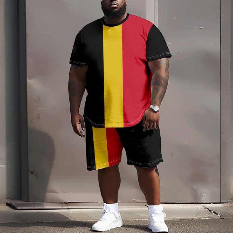 Men's Plus Size Black Yellow And Red Contrast Color T-shirt Two-piece Set