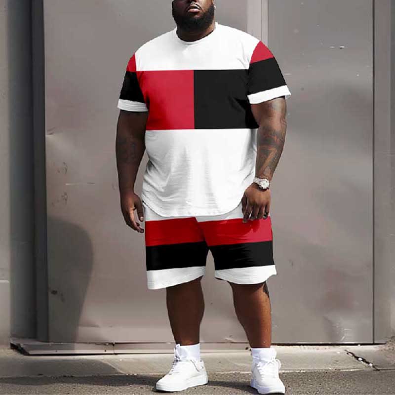 Men's Plus Size Fashion Contrast Splicing Blocks  T-shirt Two-piece Set