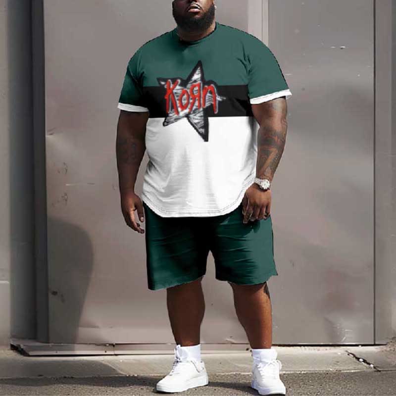 Men's Plus Size Star Shape Colored Letter Contrast Casual Short Sleeve T-shirt Two-piece Set