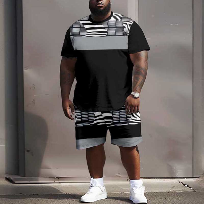 Men's Plus Size Black And White Block Contrast Color Casual Short Sleeve T-shirt Two-piece Set