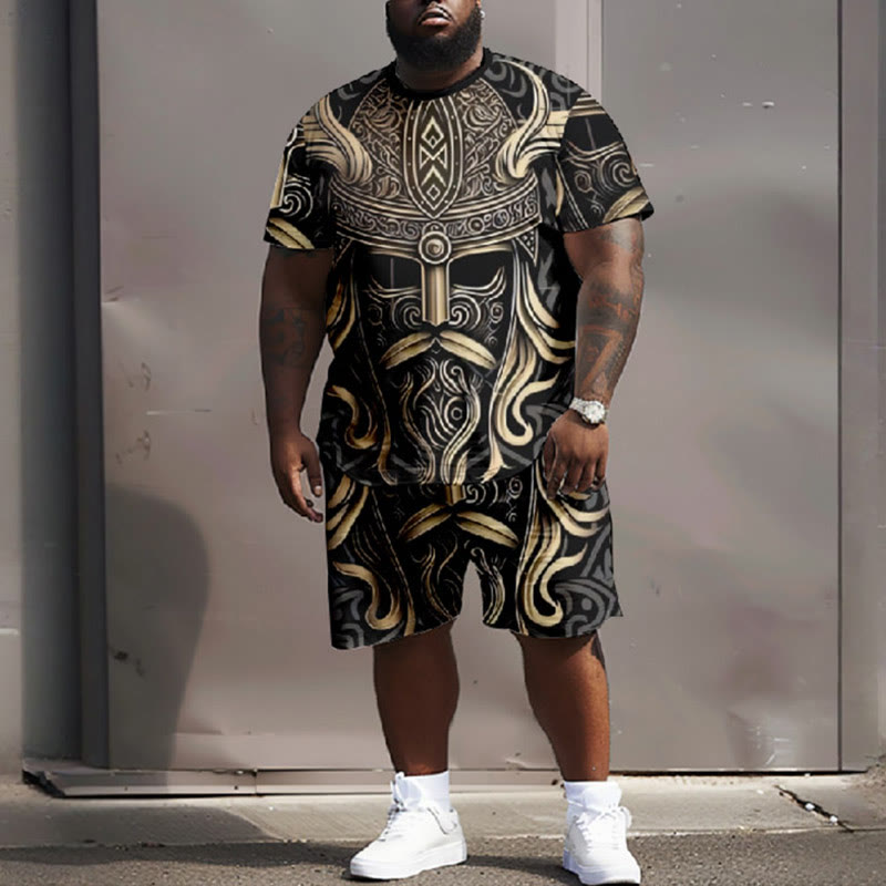 Men's Plus Size Vintage Viking Tribal Totem Ethnic T-shirt Two-piece Set