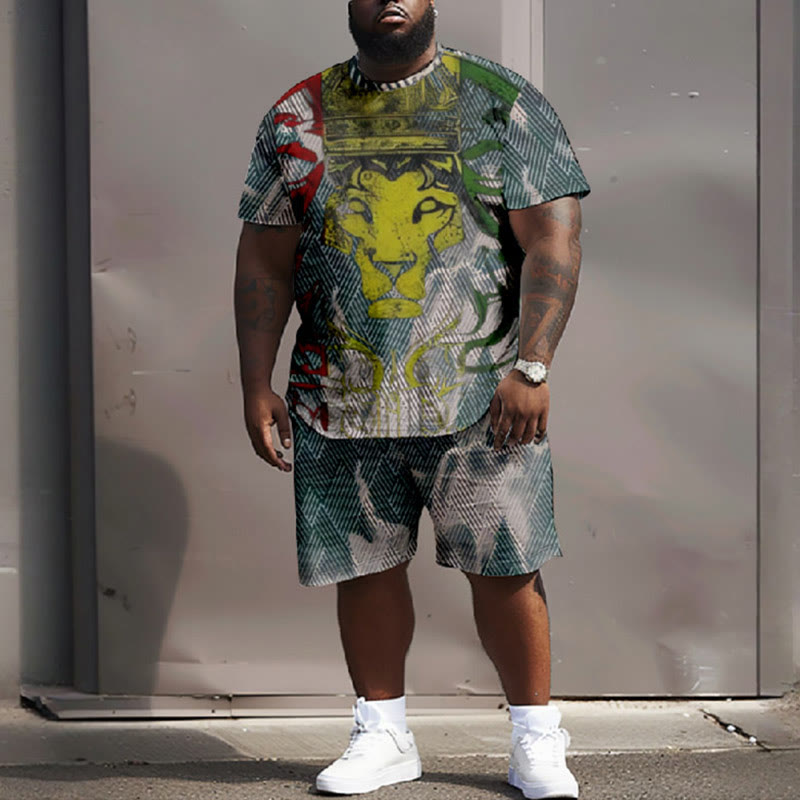 Men's Plus Size Abstract Lion Face Viking Element T-shirt Two-piece Set