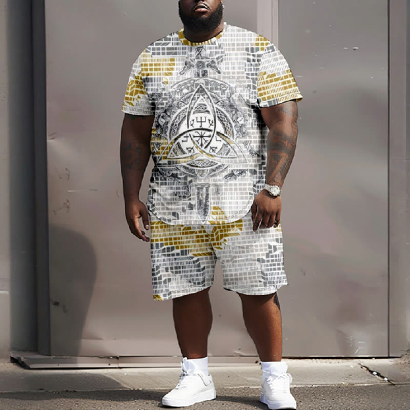 Men's Plus Size Rubik's Cube Lattice Viking Symbol T-shirt Two-piece Set