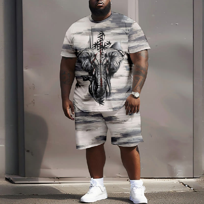 Men's Plus Size Summer Viking Totem Graffiti Casual T-shirt Two-piece Set