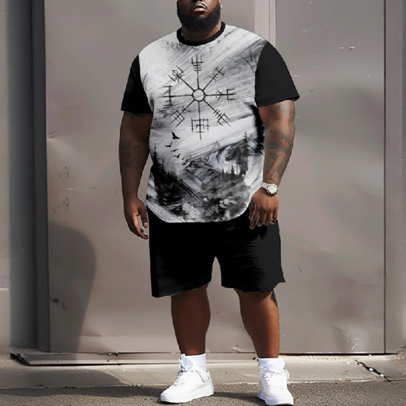 Men's Plus Size Vintage Viking Eagle Tribal Totem Casual Short Sleeve T-shirt Two-piece Set