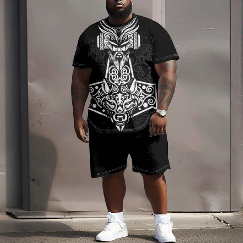 Men's Plus Size Mystical Viking Totem Casual Short Sleeve T-shirt Two-piece Set