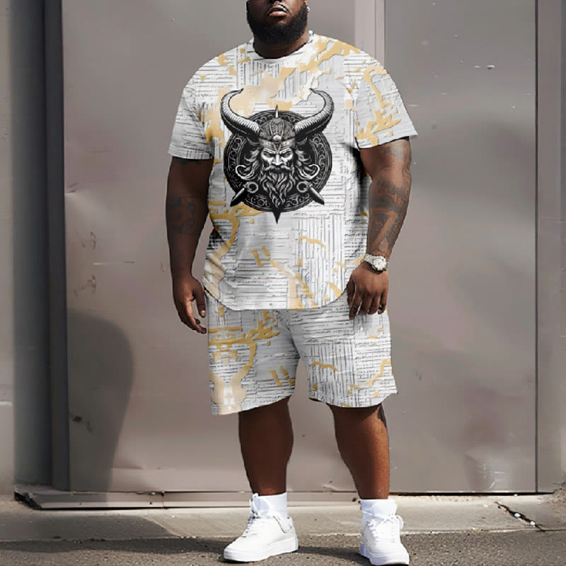Men's Plus Size Vintage Odin Viking Pattern Casual T-shirt Two-piece Set