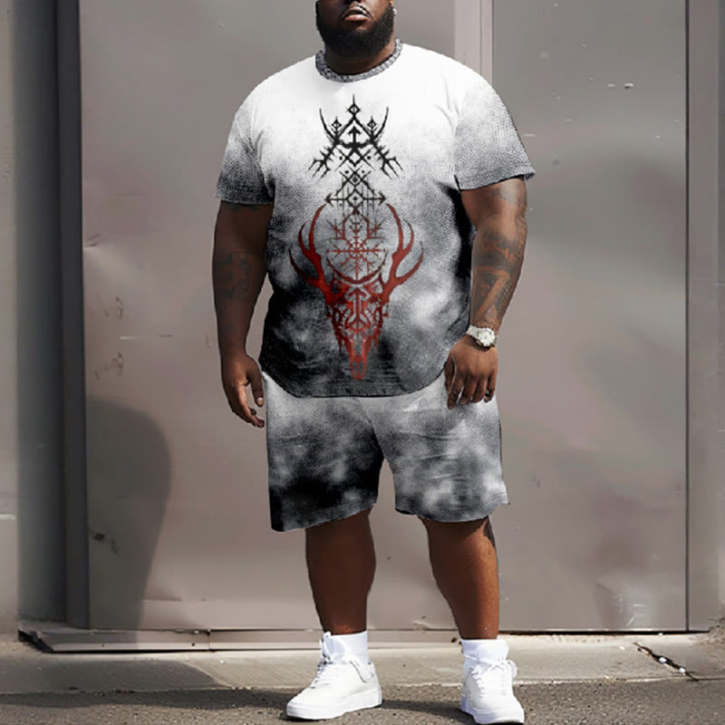 Men's Plus Size  Abstract Bull Head Viking Symbolt-shirt Two-piece Set