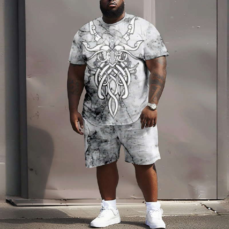 Men's Plus Size Tribal Viking Animal Totem Casual Short Sleeve T-shirt Two-piece Set