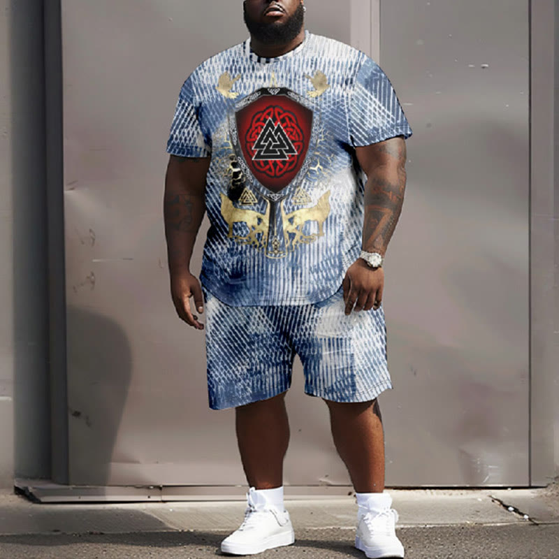 Men's Plus Size Viking Wolf Raven Totem Casual Short Sleeve T-shirt Two-piece Set