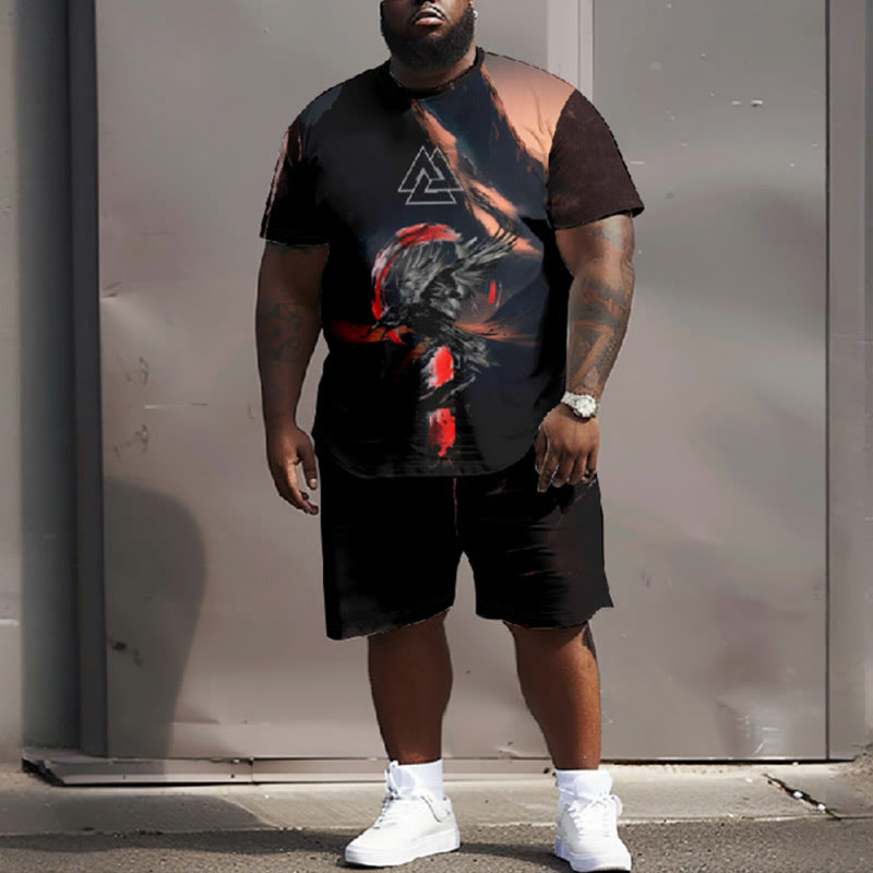 Men's Plus Size Viking Soaring Eagle Totem Casual Short Sleeve T-shirt Two-piece Set