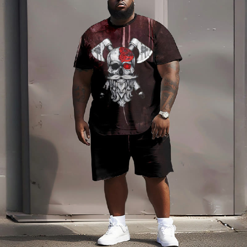 Men's Plus Size Retro Horror Skull Viking Ethnic T-shirt Two-piece Set