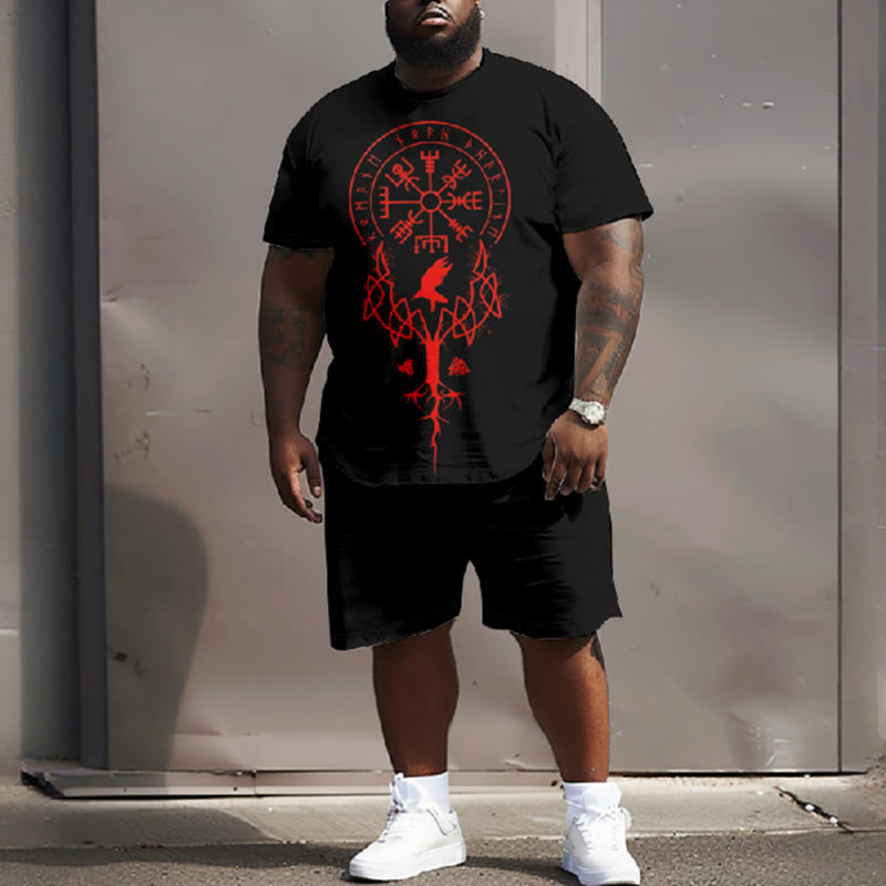Men's Plus Size Tribal Red Viking Totem Casual Short Sleeve T-shirt Two-piece Set