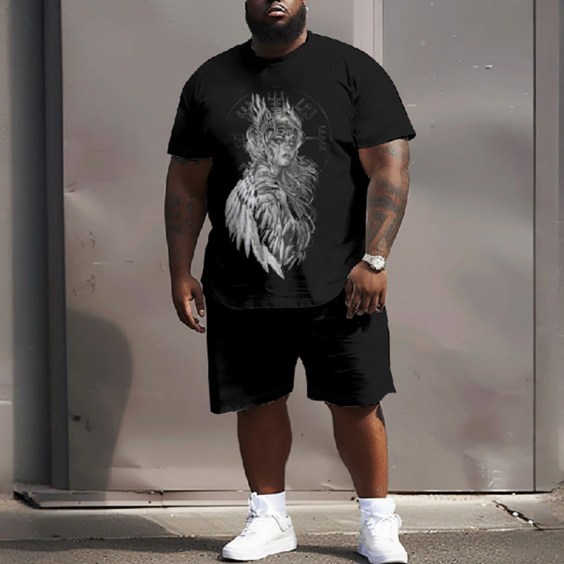 Men's Plus Size Vintage Goddess Freya Vegvisir Viking T-shirt Two-piece Set