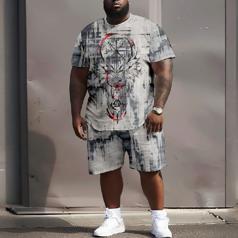 Men's Plus Size Mysterious Viking Totem Old Style T-shirt Two-piece Set