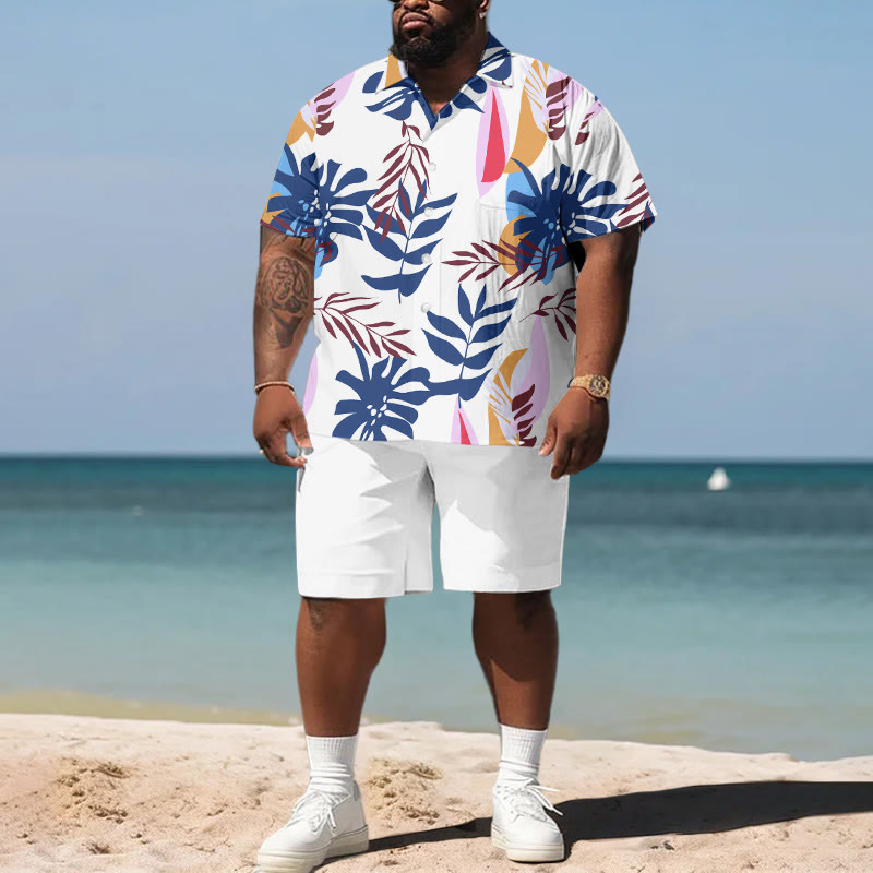 Summer Beach Style Colorful Leaves Men's Plus Size Shirt Set