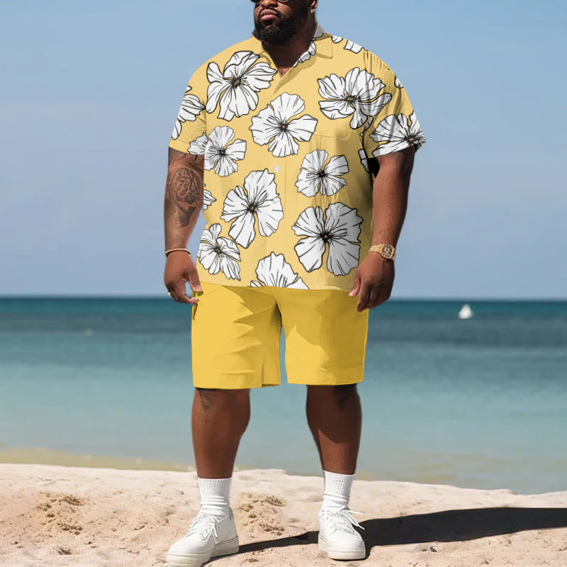 Summer Casual Blossom Floral Art Print Men's Plus Size Shirt Set