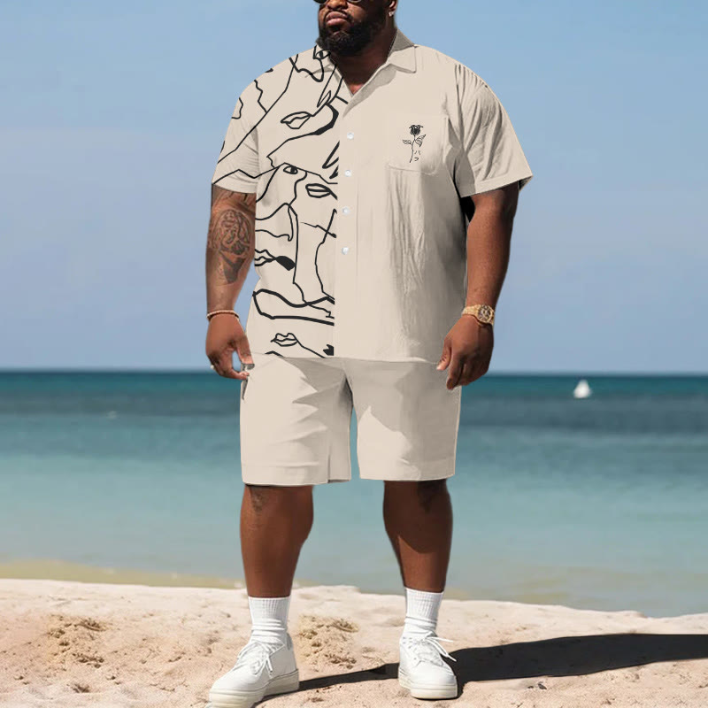 Summer Vintage Irregular Lines Rose Men's Plus Size Shirt Set