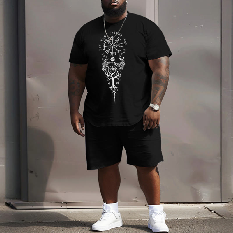 Men's Plus Size Viking Soaring Eagle Totem Print Short Sleeve T-shirt Two-piece Set