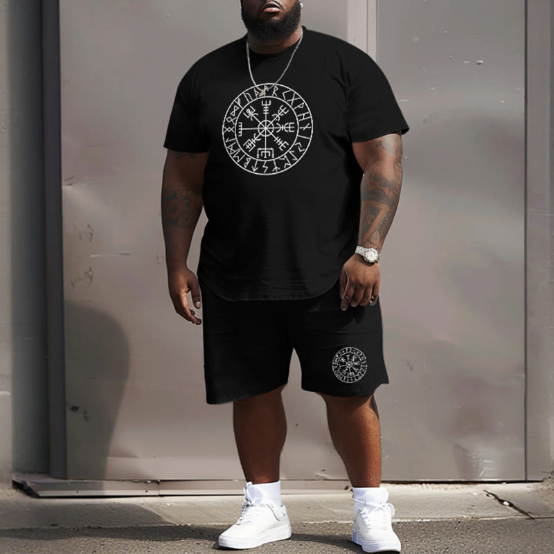 Men's Plus Size Summer Simple Viking Totem Print T-shirt Two-piece Set