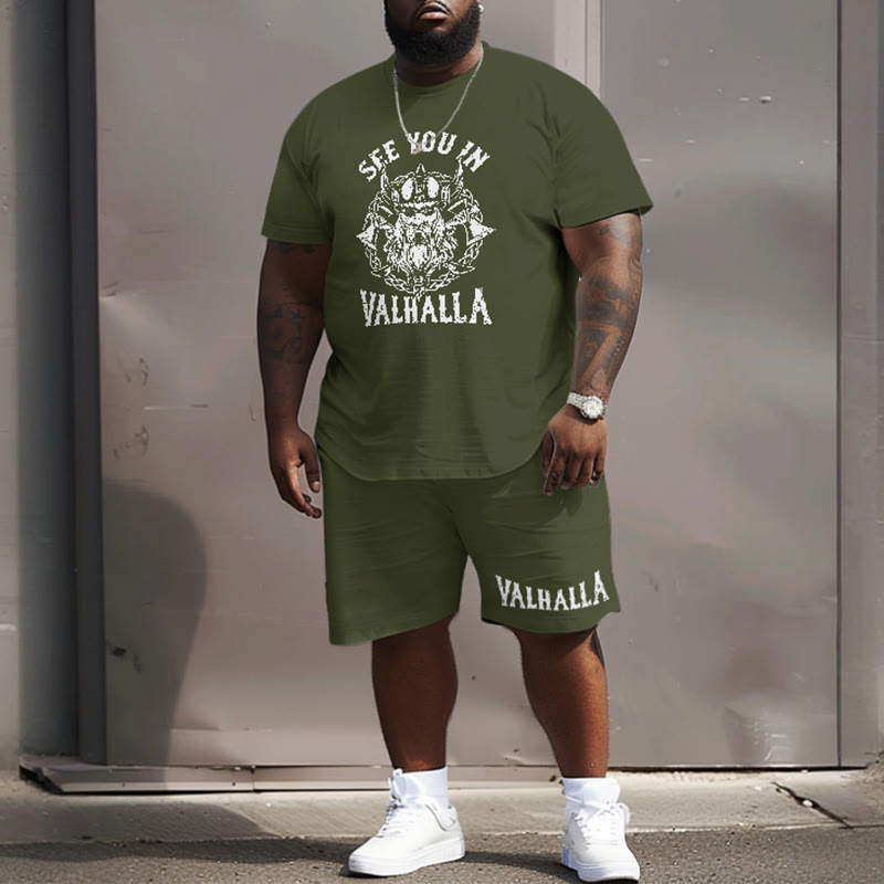 Men's Plus Size See You In Valhalla Viking Totem Print T-shirt Two-piece Set