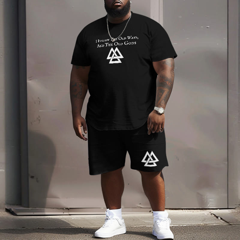 Men's Plus Size I Follow The Old Ways And The Old Gods Viking Totem Print T-shirt Two-piece Set