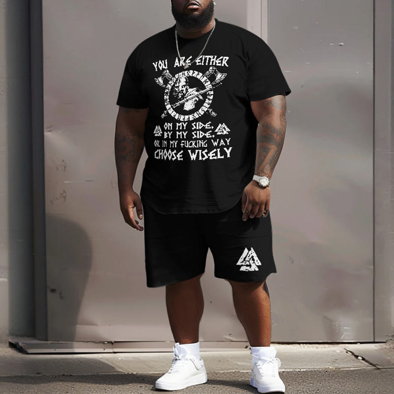 Men's Plus Size Choose Wisely Skull Viking Totem Print Short Sleeve T-shirt Two-piece Set