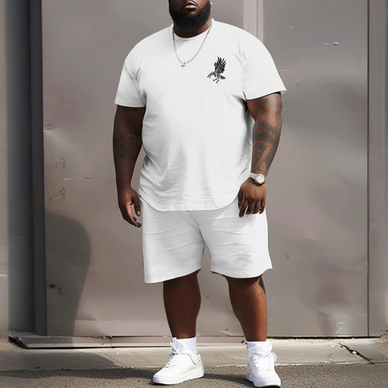 Men's Plus Size Solid Color Abstract Raven Print Short Sleeve T-shirt Two-piece Set