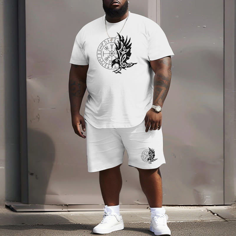 Men's Plus Size Viking Raven Totem Solid Color Print Short Sleeve T-shirt Two-piece Set