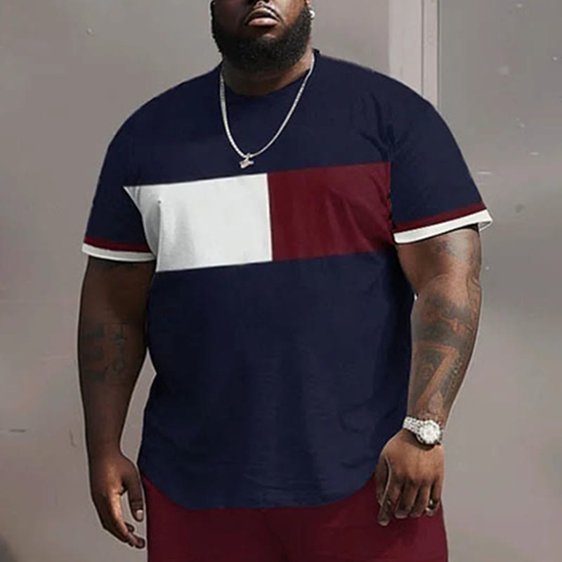 Men's Plus Size Street Casual Simple Colorblock Printed Large Crew Neck T-shirt