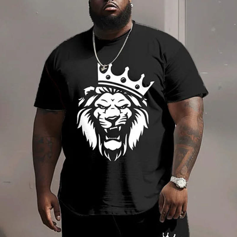 Men's Plus Size Street Casual King With Crown Lion Print Short Sleeve Crew Neck T-shirt