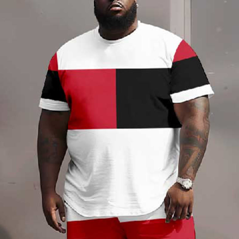 Men's Plus Size Black And Red Contrast Colorblock Casual Short Sleeve Crew Neck T-shirt