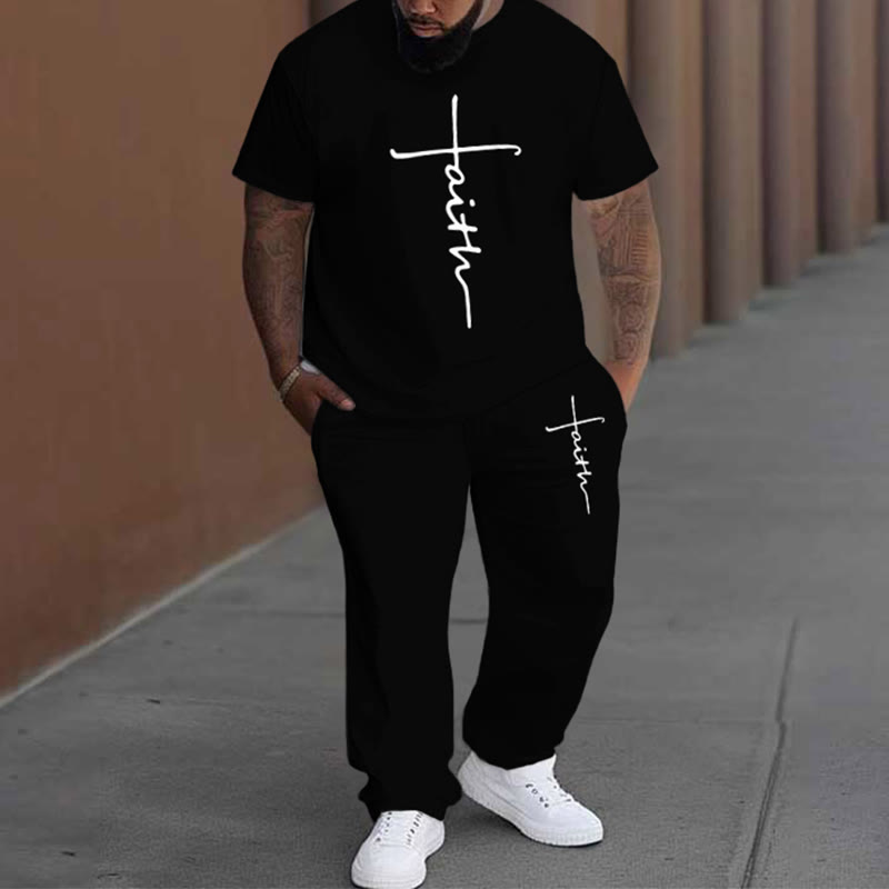 Men's Plus Size Casual Faith Print Sports And Leisure T-shirt Pants Set