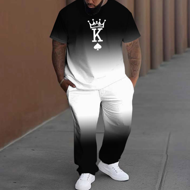 Men's Plus Size Casual Street King Print Sports And Leisure T-shirt Pants Set
