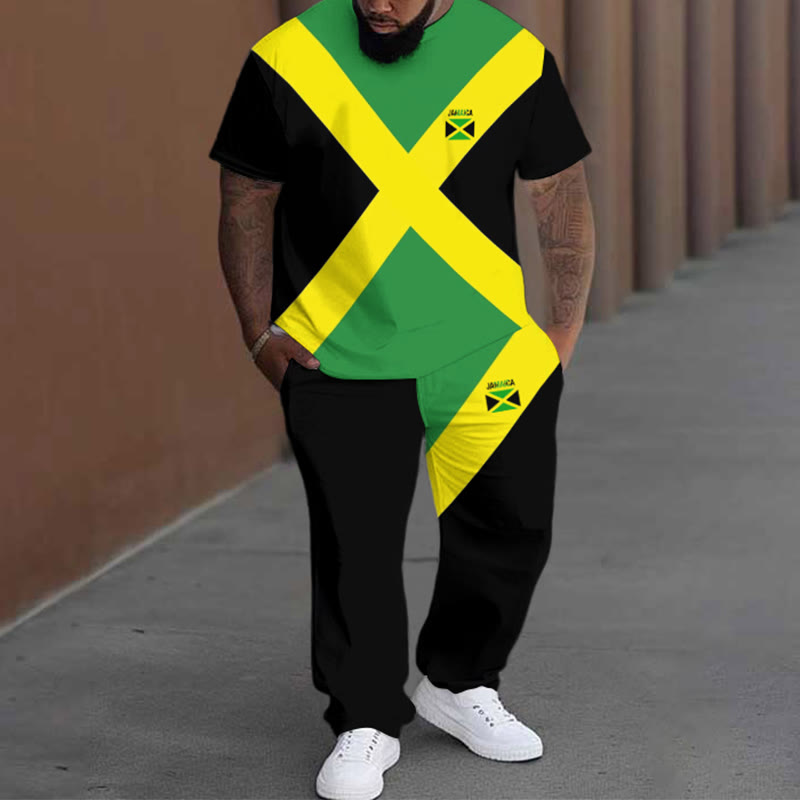 Men's Plus Size Summer Fashion Jamaican Flag Colors T-shirt Pants Set