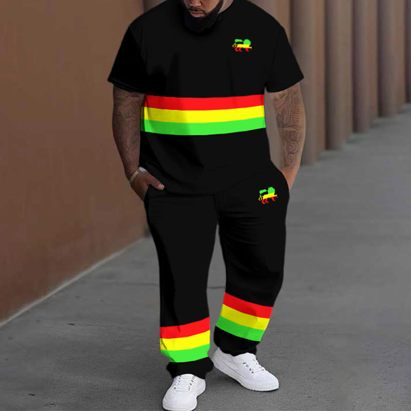 Men's Plus Size Summer Fashion Reggae Striped Lion T-shirt Pants Set