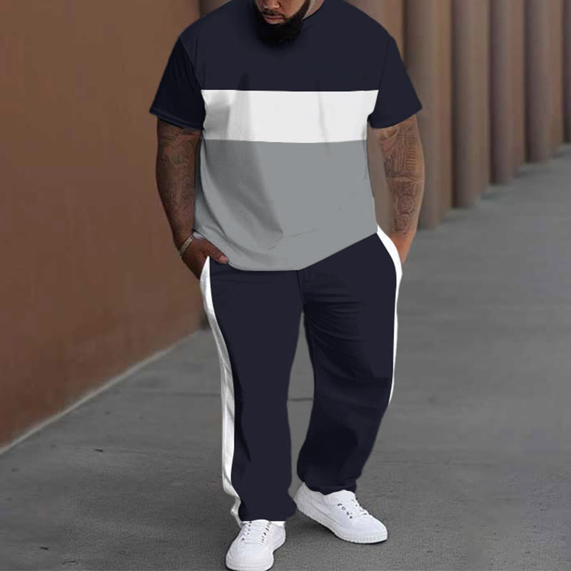 Men's Plus Size Summer Fashion Street Simplie Color-block T-shirt Pants Set