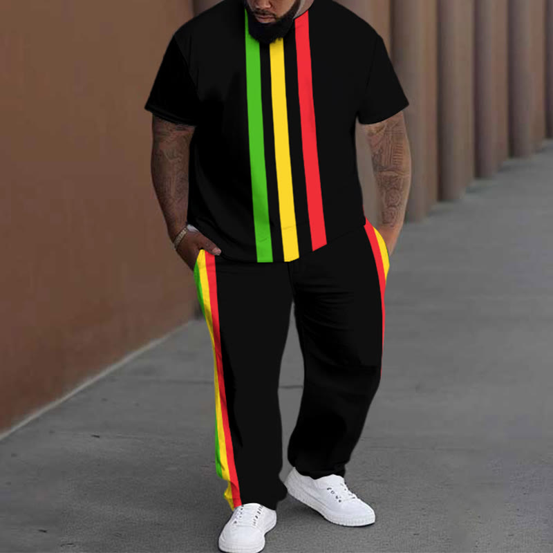Men's Plus Size Summer Fashion Reggae Vertical Stripes T-shirt Pants Set