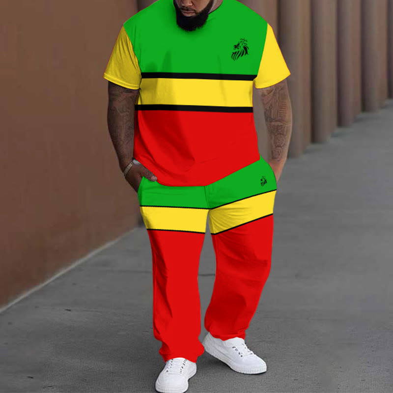 Men's Plus Size Summer Fashion Irregular Reggae Color-blocks T-shirt Pants Set