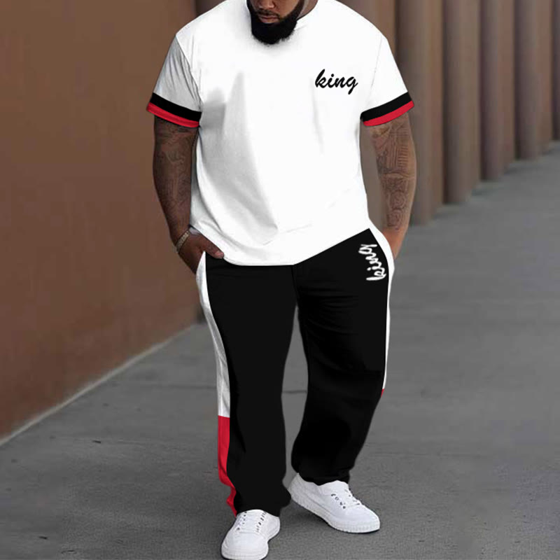 Men's Plus Size Summer Fashion Red And Black Colorblock King T-shirt Pants Set