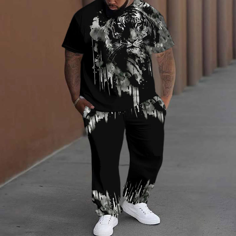 Men's Plus Size Summer Fashion Street Casual Black And White Art Tiger T-shirt Pants Set
