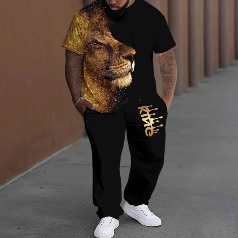 Men's Plus Size Summer Fashion Black Lion King T-shirt Pants Set